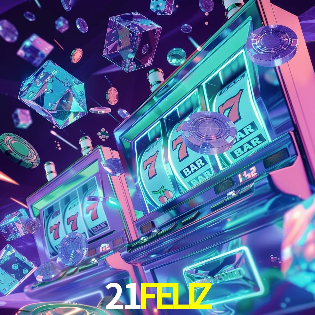 Escena dinámica inspirada en casino con iluminación 21FELIZ, cartas, fichas e íconos de juegos digitales en un espacio moderno de juegos.
